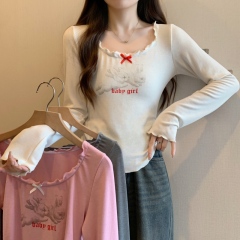 Plus size autumn new hot girl bow wave edge slim top simple and versatile