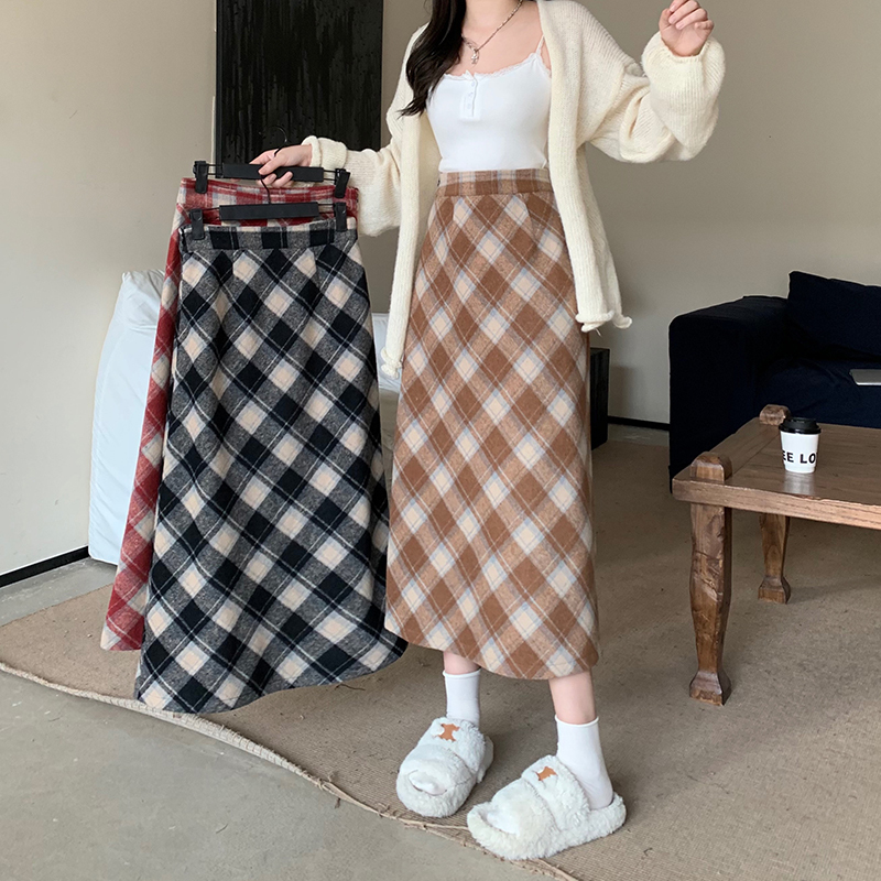 Winter new style fat mm plus size women's retro high-waist slim versatile woolen plaid skirt