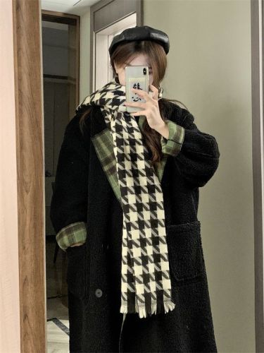 Retro plaid mid-length coat women's winter  new thickened loose reversible long-sleeved woolen coat