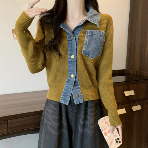 Plus size niche design denim stitching Polo collar sweater women's spring small shirt slim long-sleeved top