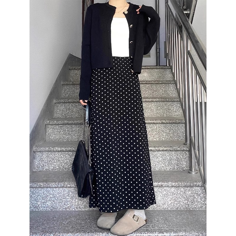 2024 new polka dot skirt for women summer thin section for fat girls mm high waist covering the crotch and slimming mid-length a-line skirt