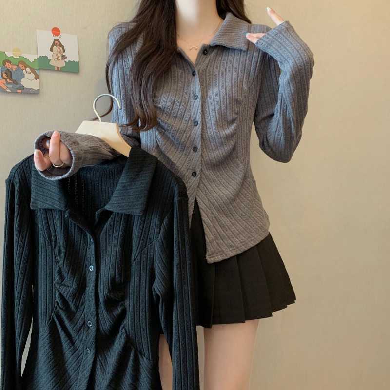 Autumn polo neck T-shirt for fat girls, niche slim long-sleeved tops and blouses