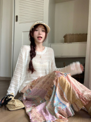 Plus size women's vacation travel outfit for fat girls, ethnic style skirt, hollow top two-piece set