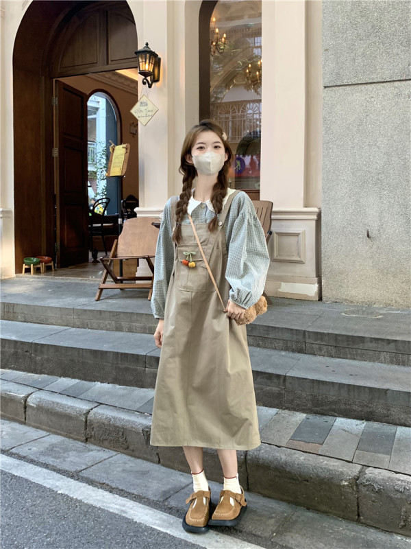 Baby doll collar shirt + designer drawstring suspender skirt