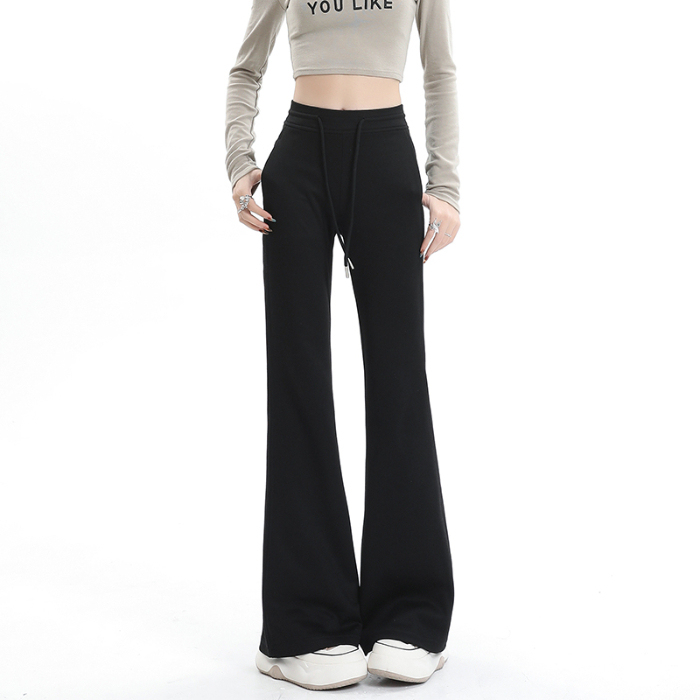 New American-style high-waisted drawstring micro-flared sports casual pants for women with straight slim fit and floor-length trousers