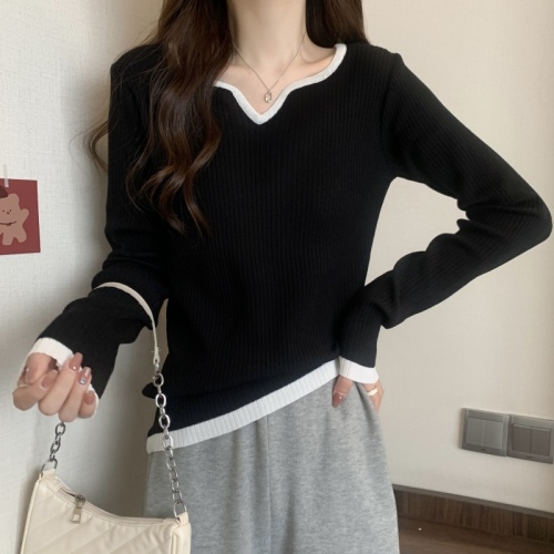 Women's new autumn plus size sweater with contrasting color long-sleeved T-shirt square neck bottoming shirt with slimming top