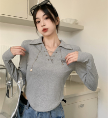 Autumn new chain POLO collar long-sleeved solid color versatile T-shirt for women slimming knitted tops