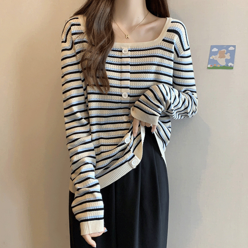 French classic large size striped long-sleeved top for women niche design five buttons for fat girls simple square collar autumn new style