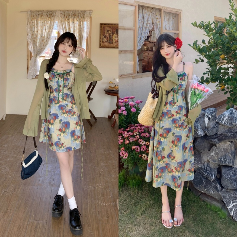 Oil painting floral suspender skirt spring and summer chiffon style seaside French long dress sun protection cardigan