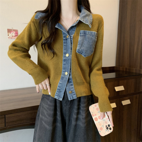 Plus size niche design denim stitching Polo collar sweater women's spring small shirt slim long-sleeved top