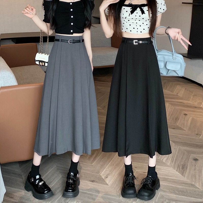 Korean style high-waist slim pleated mid-length skirt versatile loose A-line suit skirt for women