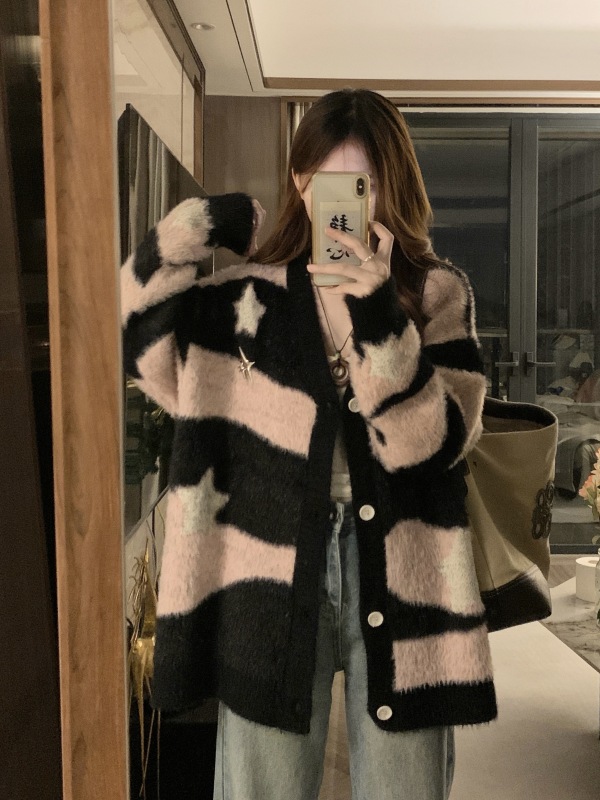 Retro star striped mohair cardigan sweater trendy couple irregular college style knitted jacket ins