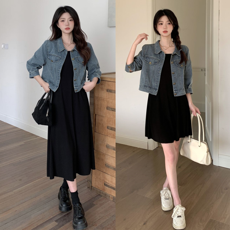 Plus size women's fat MM autumn denim jacket + vest skirt two-piece suit