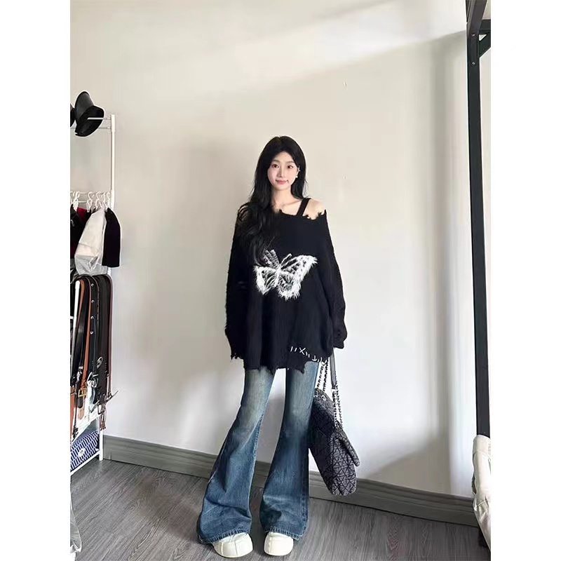Bow tie design off-shoulder sweater long-sleeved jacket for women niche first love sweet thickened sweater top trendy