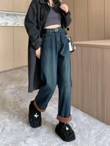 Retro plus velvet wide-leg jeans for women in autumn and winter new high-waisted loose slim straight trousers