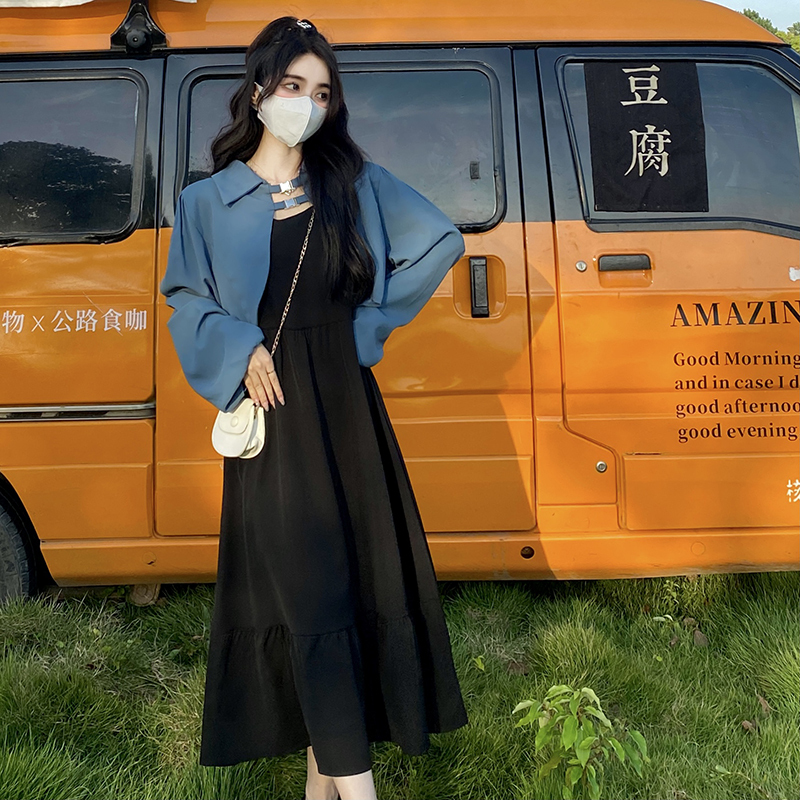 2024 Spring New Plus Size Hepburn Retro Blue Suspenders Niche Design French Dress Two-piece Set