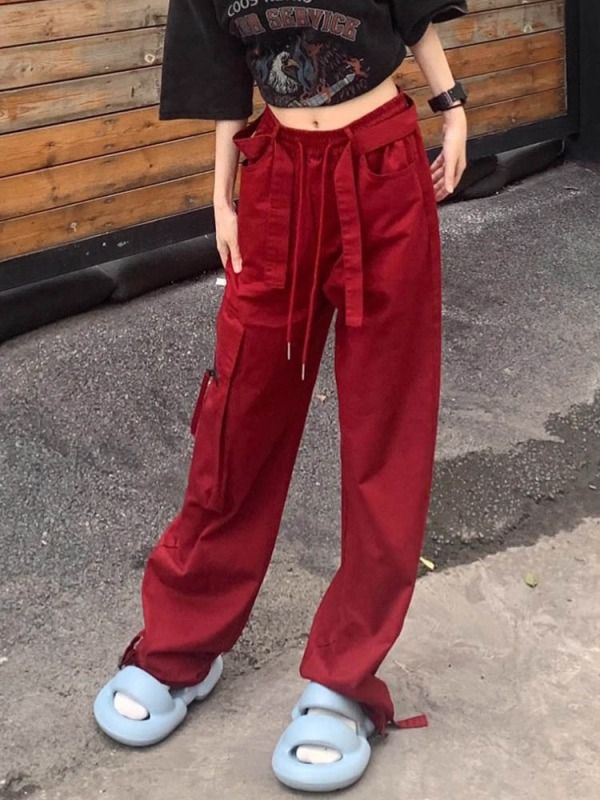 Red overalls plus size women's fat mm high waist straight casual pants cover the crotch and make the pear-shaped body slim and slightly chubby.