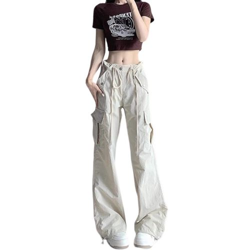 American style work pants for women, new thin sports casual pants, high waist wide leg drawstring trousers for small people