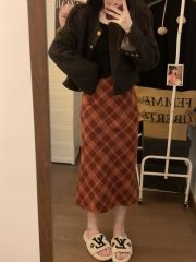 Plus size Korean style slimming woolen slim plaid skirt
