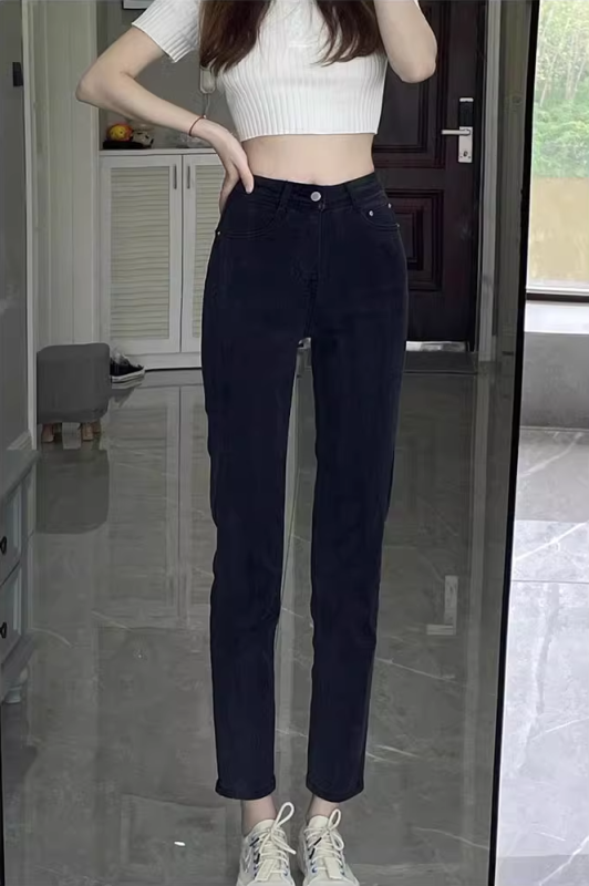 Black stretch jeans for women in autumn and winter, high-waisted, straight, large size, fat mm, slim, small, nine-point cigarette pipe pants, trendy