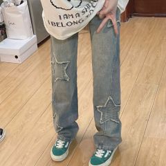 National trend hip-hop high street star straight jeans for women autumn high waist slimming versatile loose wide leg pants ins