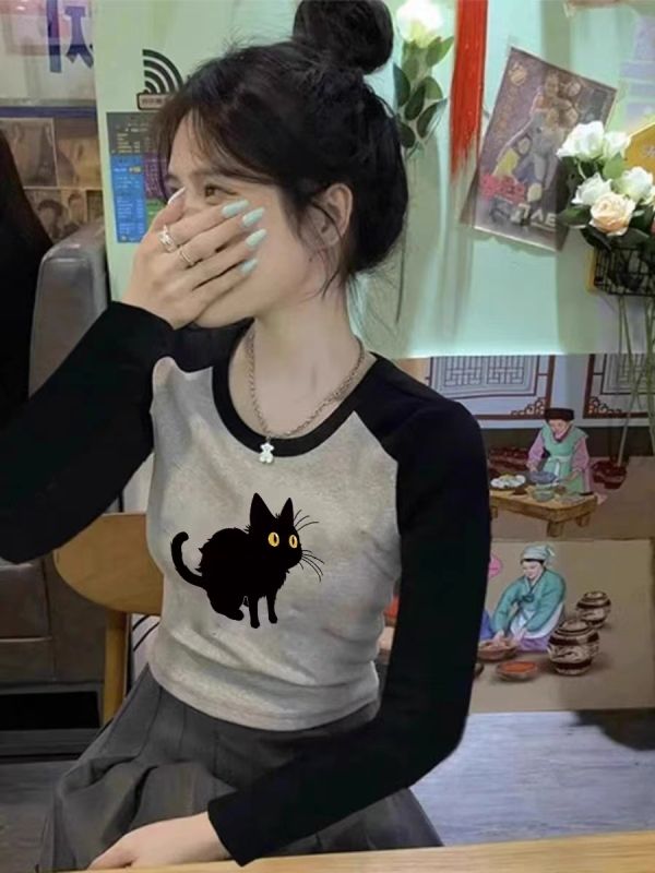 High-end and super good-looking hot girl tight t-shirt women's long-sleeved early autumn thin American textured bottoming shirt raglan top