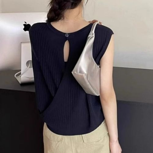 French knitted vest for women, thin summer outer wear with suspenders, loose waistcoat, hollow back sleeveless top