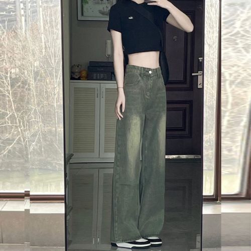 American retro wide-leg jeans for women, spring and autumn green design niche oversize straight high street pants