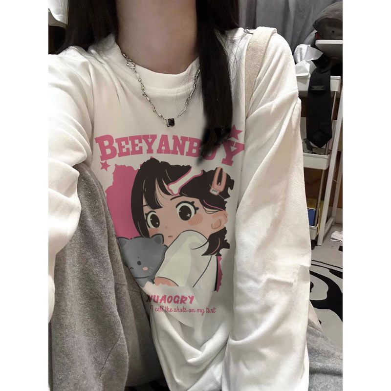 Pure cotton long-sleeved T-shirt women's new autumn and winter solid color loose bottoming shirt printed round neck top