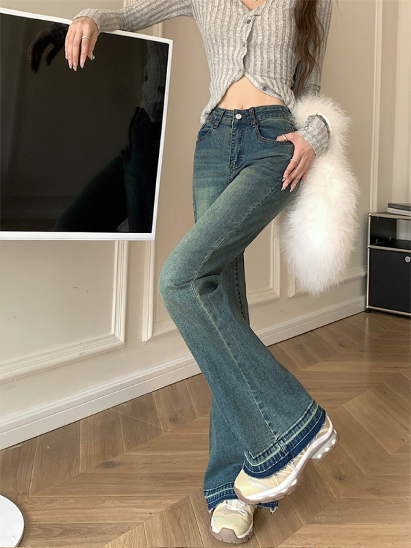 Retro distressed boot-cut trousers for spring and autumn new large size high-waisted loose pear-shaped body slim flared jeans
