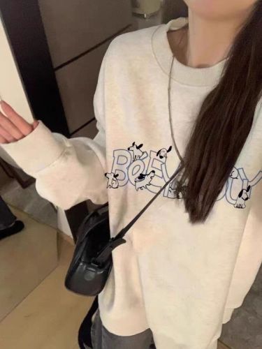 Thin Chinese cotton milk silk plus velvet Chinese cotton silver fox velvet round neck printed sweatshirt for female couple Douyin quality
