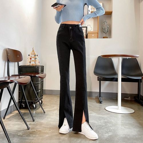 High-waisted slit micro-flare jeans for women 2024 spring and autumn slim and tall straight-leg loose floor-length pants