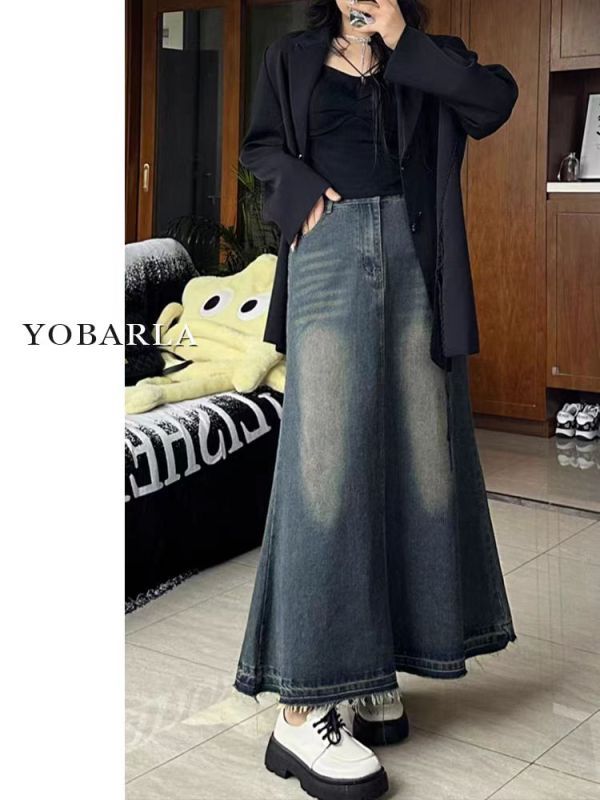 Retro blue denim skirt for women, high waist, large size, slimming and fat mm, covering belly and crotch, mid-length a-line skirt
