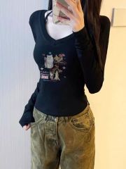 1*1 pure cotton, high elasticity, chic and beautiful pinch waist short top, new bottoming shirt, V-neck tight long-sleeved T-shirt