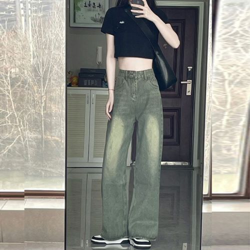 American retro wide-leg jeans for women, spring and autumn green design niche oversize straight high street pants