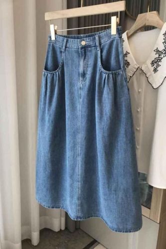 High-waisted denim skirt skirt for women plus size new design elastic waist a-line mid-length skirt