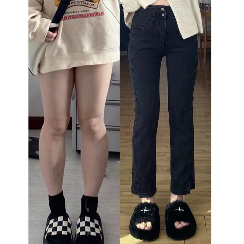 Black slit straight jeans for women 2024 new large size fat mm high waist stretch nine-point cigarette pants