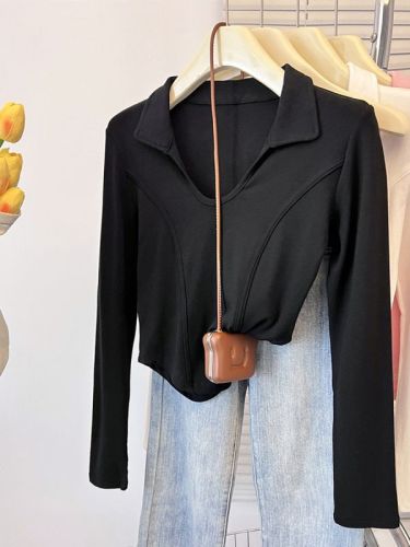 Polo collar long-sleeved bottoming shirt for women in summer with U-neck tight short T-shirt high-waist hot girl right shoulder fishbone top