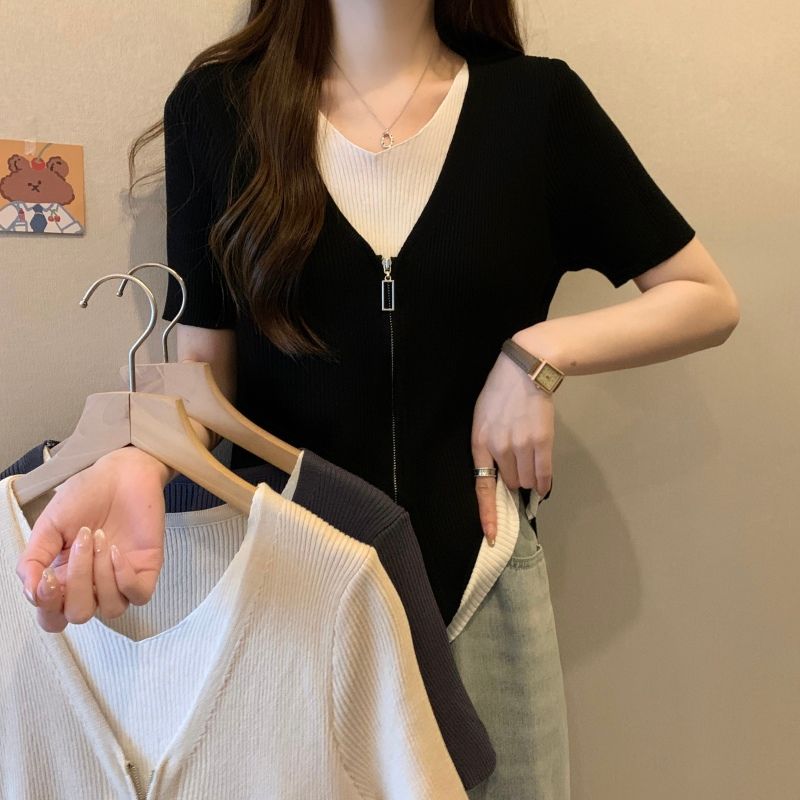 New large size right shoulder fake two piece double zipper design knitted cardigan slimming top for women