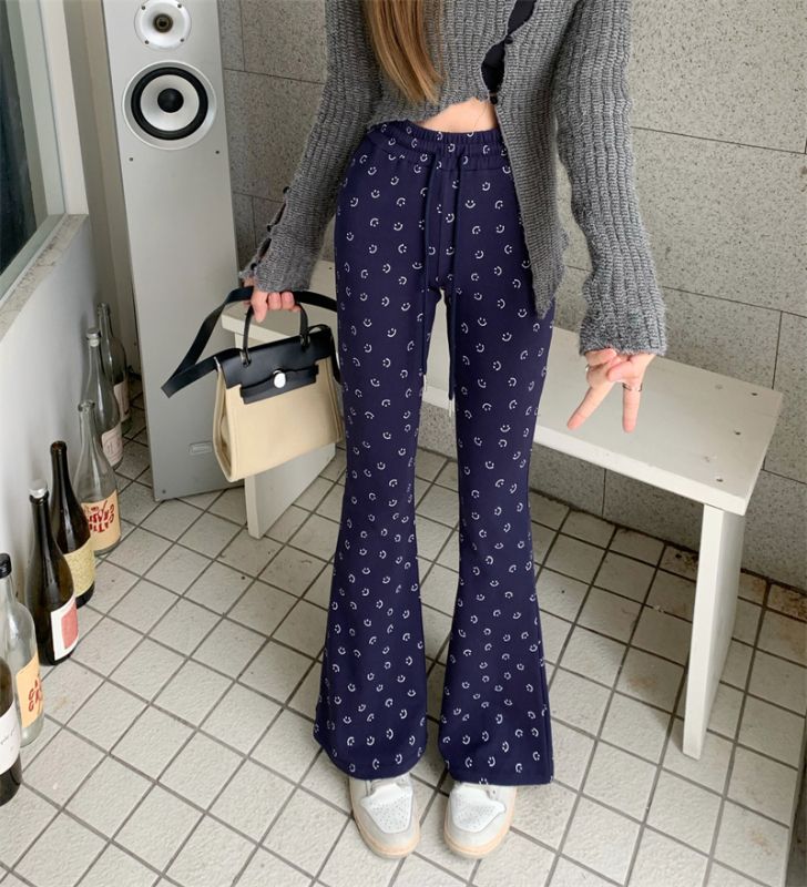 High-waisted slimming smiley face printed bell-bottoms and versatile pants
