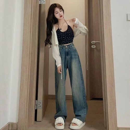 American High Street Straight Jeans Women's New Washed Retro Loose High Waisted Wide Leg Pants