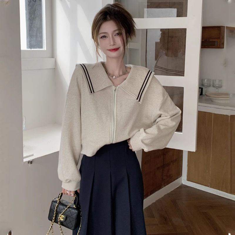 Navy collar coat women's autumn and winter new long-sleeved cardigan sweatshirt short top