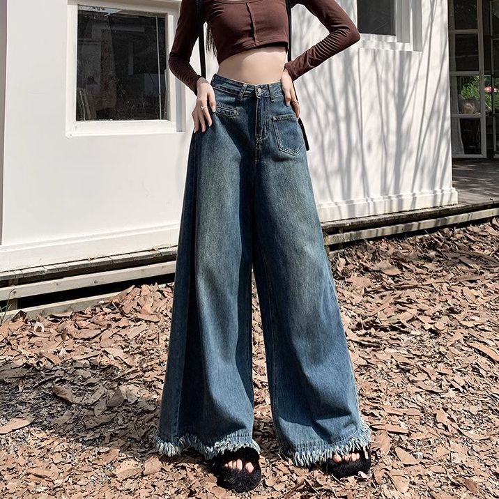 High-waisted raw edge wide-leg jeans for women, new style, loose, slimming, pear-shaped body, versatile tassel straight long pants