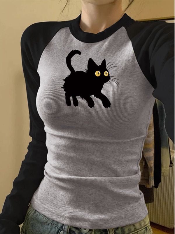 Versatile long-sleeved women's autumn and winter pure cotton Harajuku style Hong Kong flavor salt design small loose BF round neck top