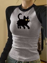 Versatile long-sleeved women's autumn and winter pure cotton Harajuku style Hong Kong flavor salt design small loose BF round neck top