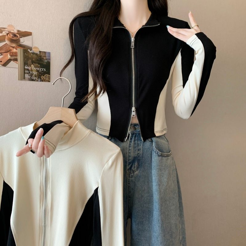 American Hot Girl Contrast Color Long Sleeve Jacket Women's Autumn Slim Fit Double Zipper Cardigan Top