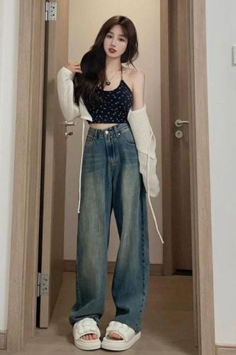 American High Street Straight Jeans Women's New Washed Retro Loose High Waisted Wide Leg Pants