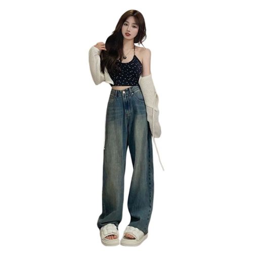 American High Street Straight Jeans Women's New Washed Retro Loose High Waisted Wide Leg Pants