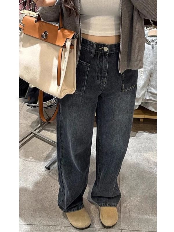Retro blue wide-leg jeans for women in winter niche design ins trendy high-waist slim straight-leg drape floor-length trousers