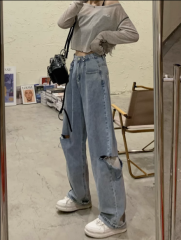 Light color ripped jeans women's new straight high waist large size fat mm loose slimming narrow wide leg pants